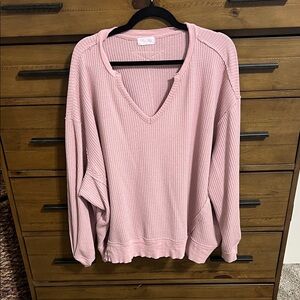 Pink Lily Dusty Rose Waffle V-Neck Sweater